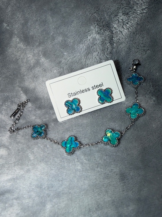 Jewelry - Stainless Steel Turquoise Blue Clover Bracelet and Stud Earrings Set